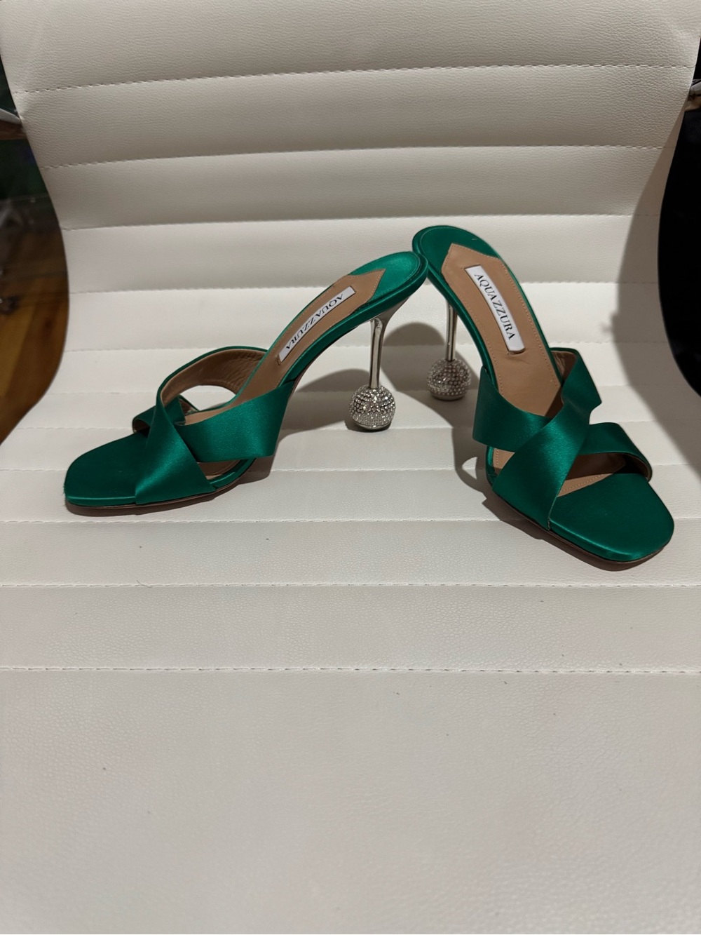 Aquazzura Yes Darling Embellished-heel Satin Mules In Emerald - Picture 3 of 6